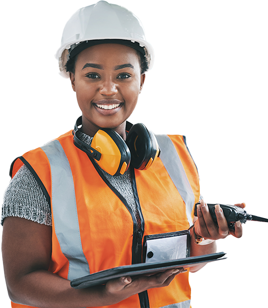 Construction employee holding clipboard 