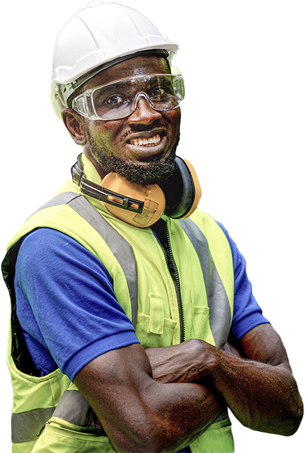 Construction employee in hard hat and goggles 